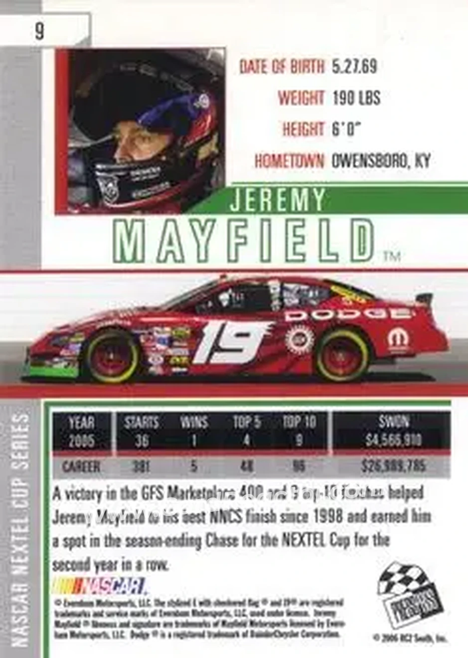 2006 Press Pass Eclipse #9 - Jeremy Mayfield - Evernham Motorsports - Back
