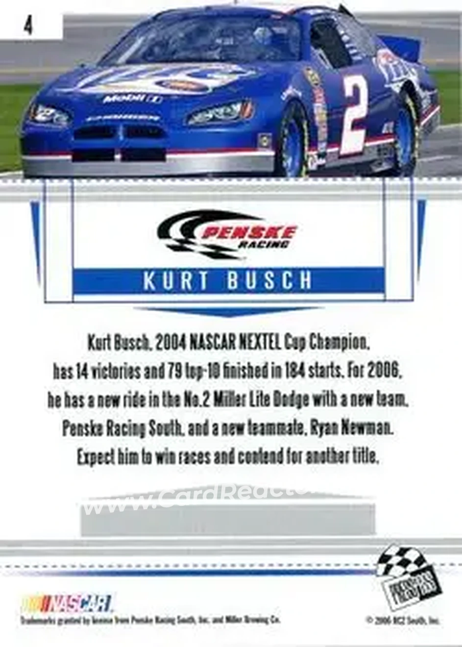 2006 Press Pass Premium #4 - Kurt Busch - Penske Racing South - Back