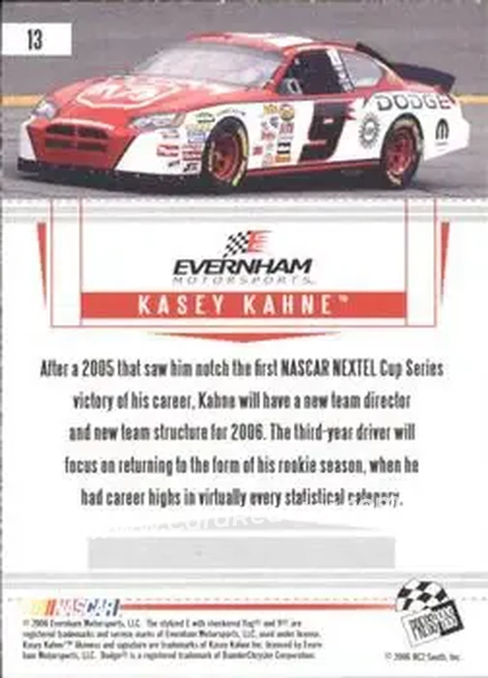 2006 Press Pass Premium #13 - Kasey Kahne - Evernham Motorsports - Back