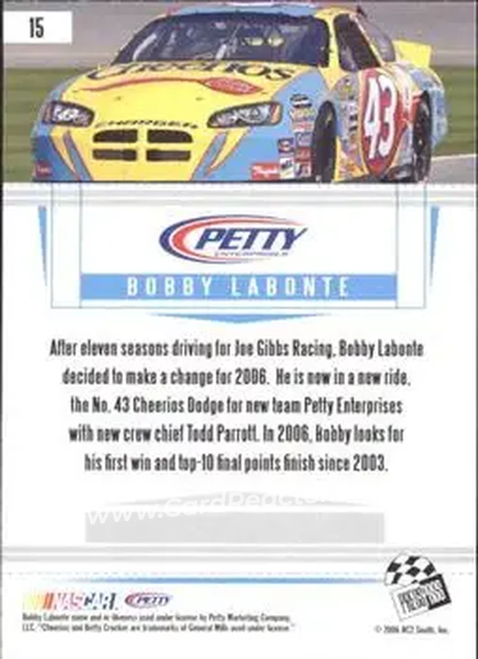 2006 Press Pass Premium #15 - Bobby Labonte - Petty Enterprises - Back