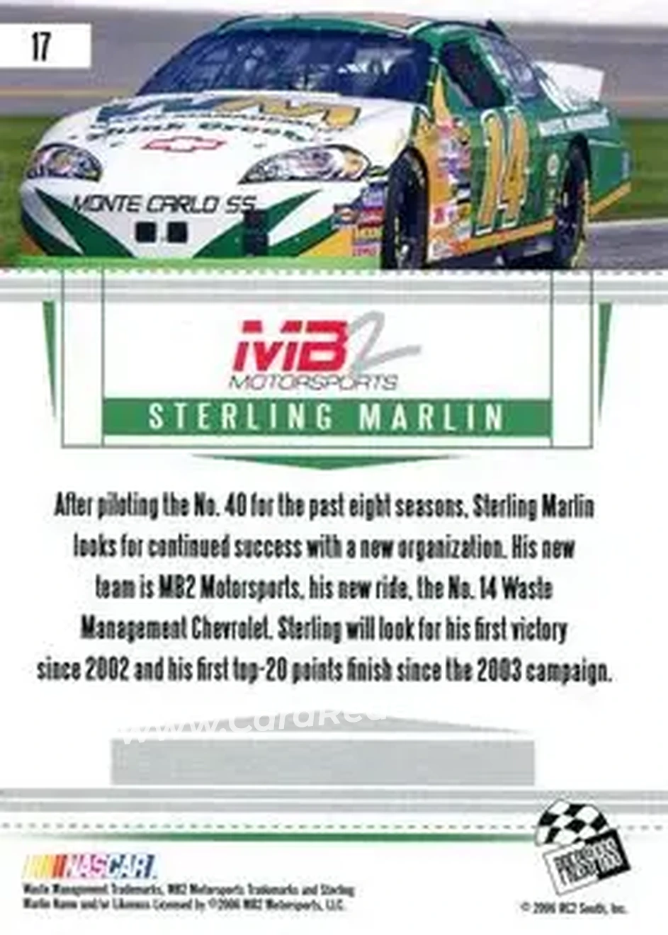 2006 Press Pass Premium #17 - Sterling Marlin - MB2 Motorsports - Back