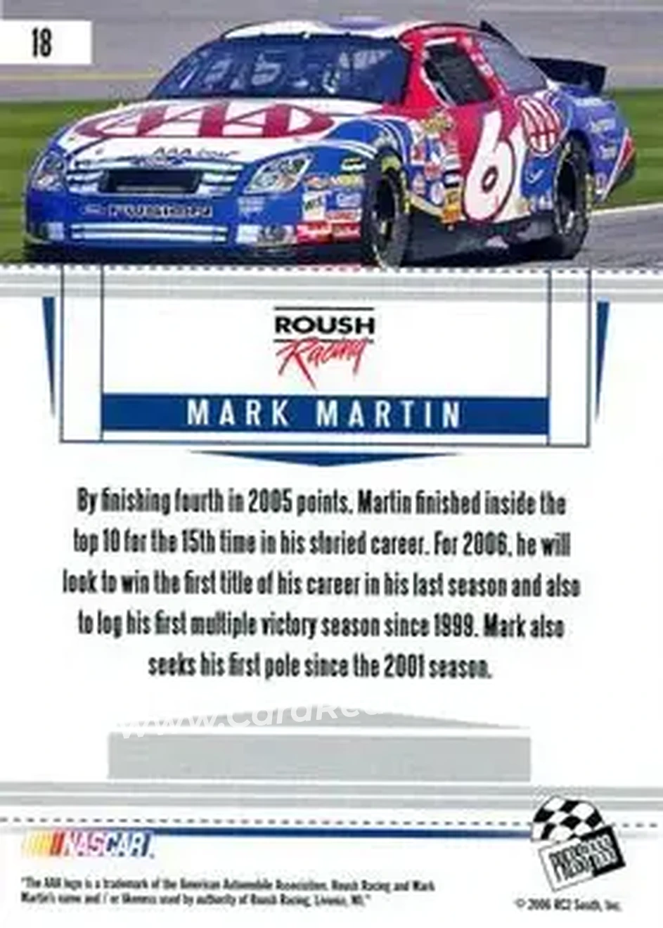 2006 Press Pass Premium #18 - Mark Martin - Roush Racing - Back