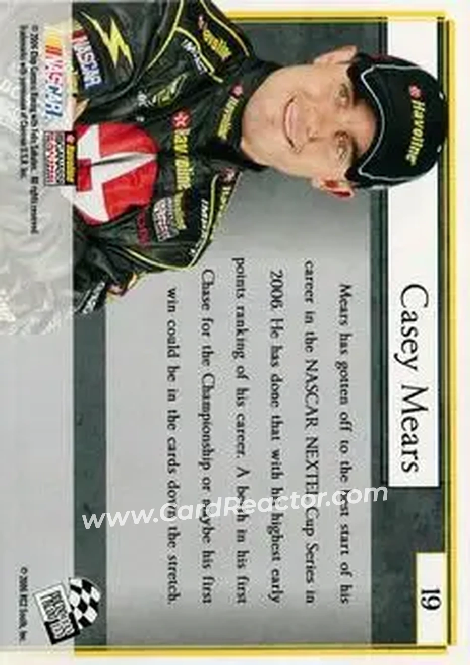 2006 Press Pass VIP #19 - Casey Mears - Chip Ganassi Racing with Felix Sabates - Back