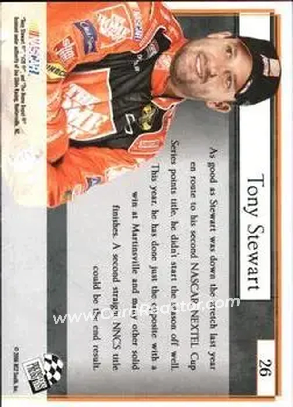 2006 Press Pass VIP #26 - Tony Stewart - Joe Gibbs Racing - Back