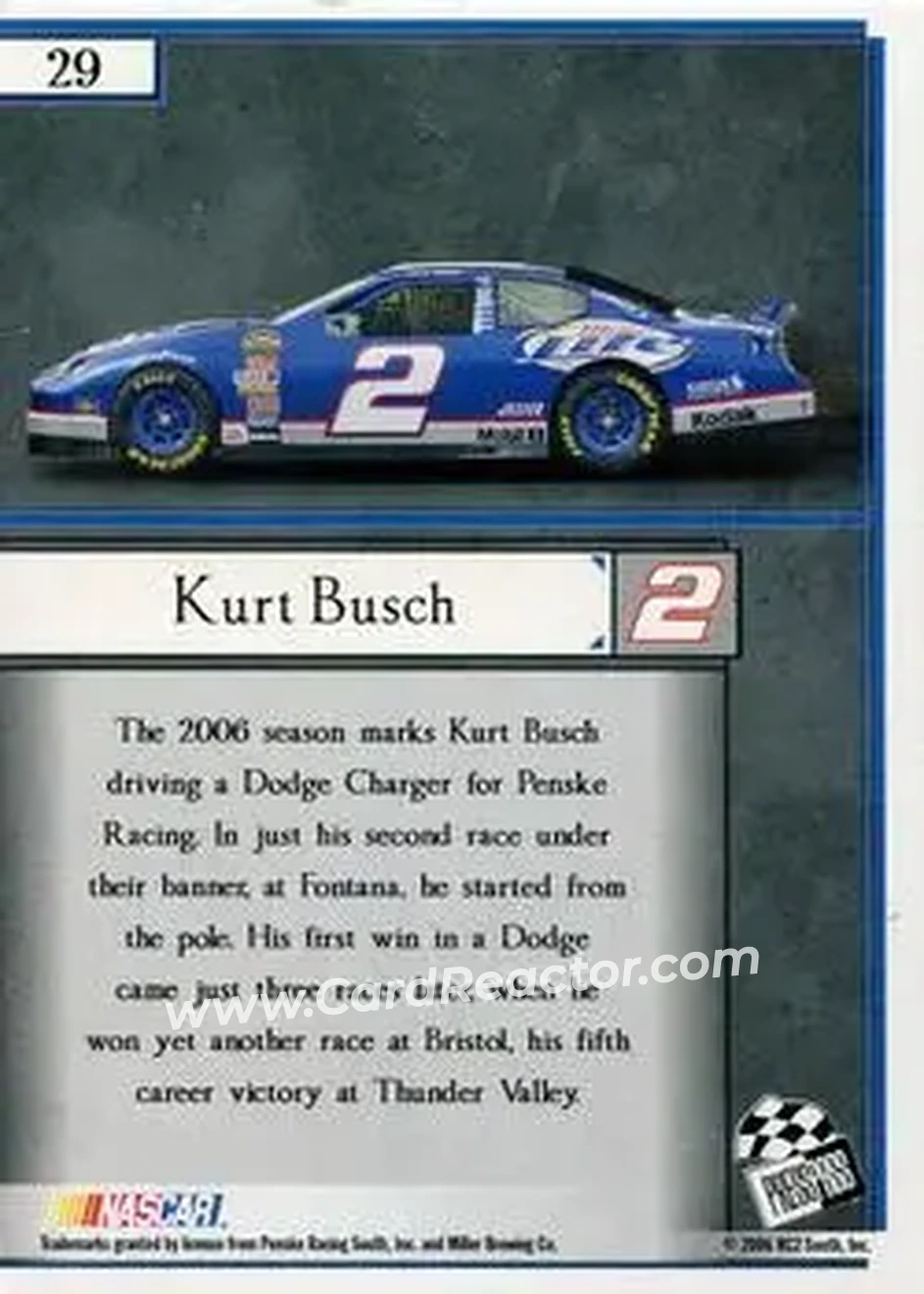 2006 Press Pass VIP #29 - Kurt Busch - Penske Racing South - Back
