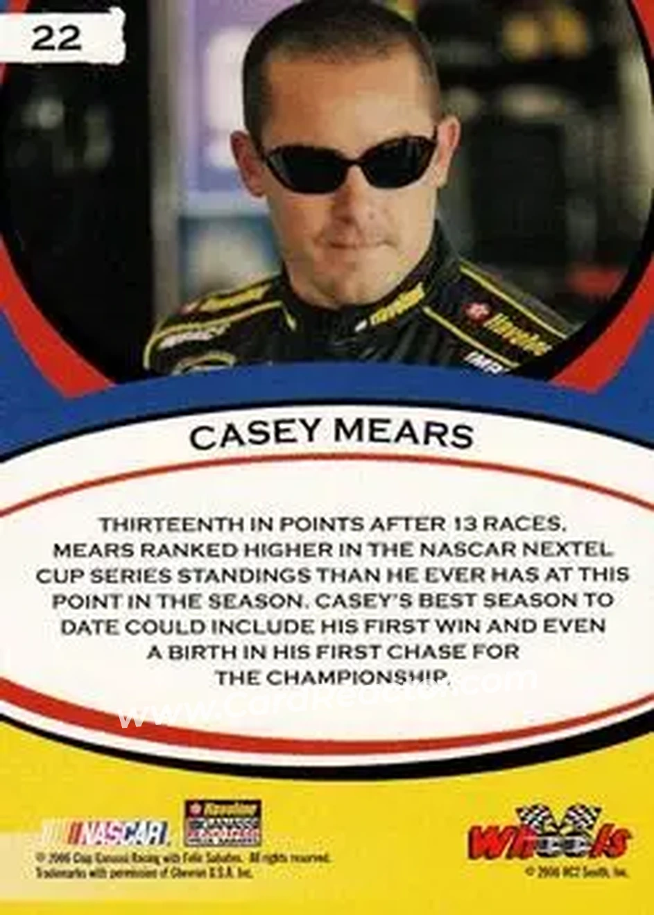 2006 Wheels American Thunder #22 - Casey Mears - Chip Ganassi Racing with Felix Sabates - Back