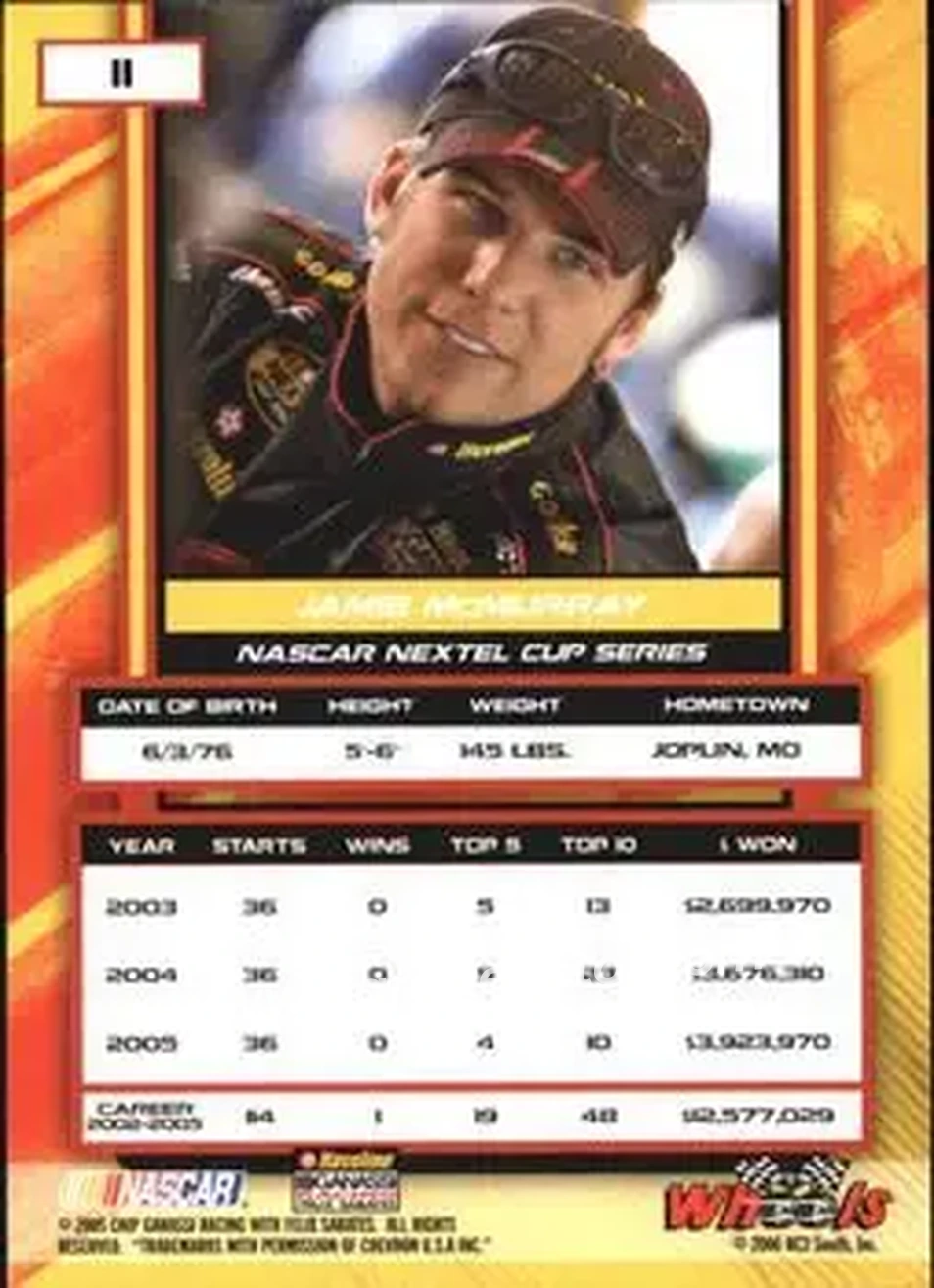 2006 Wheels High Gear #11 - Jamie McMurray - Chip Ganassi Racing with Felix Sabates - Back