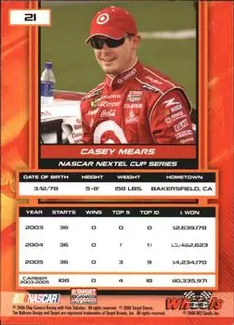 2006 Wheels High Gear #21 - Casey Mears - Chip Ganassi Racing with Felix Sabates - Back