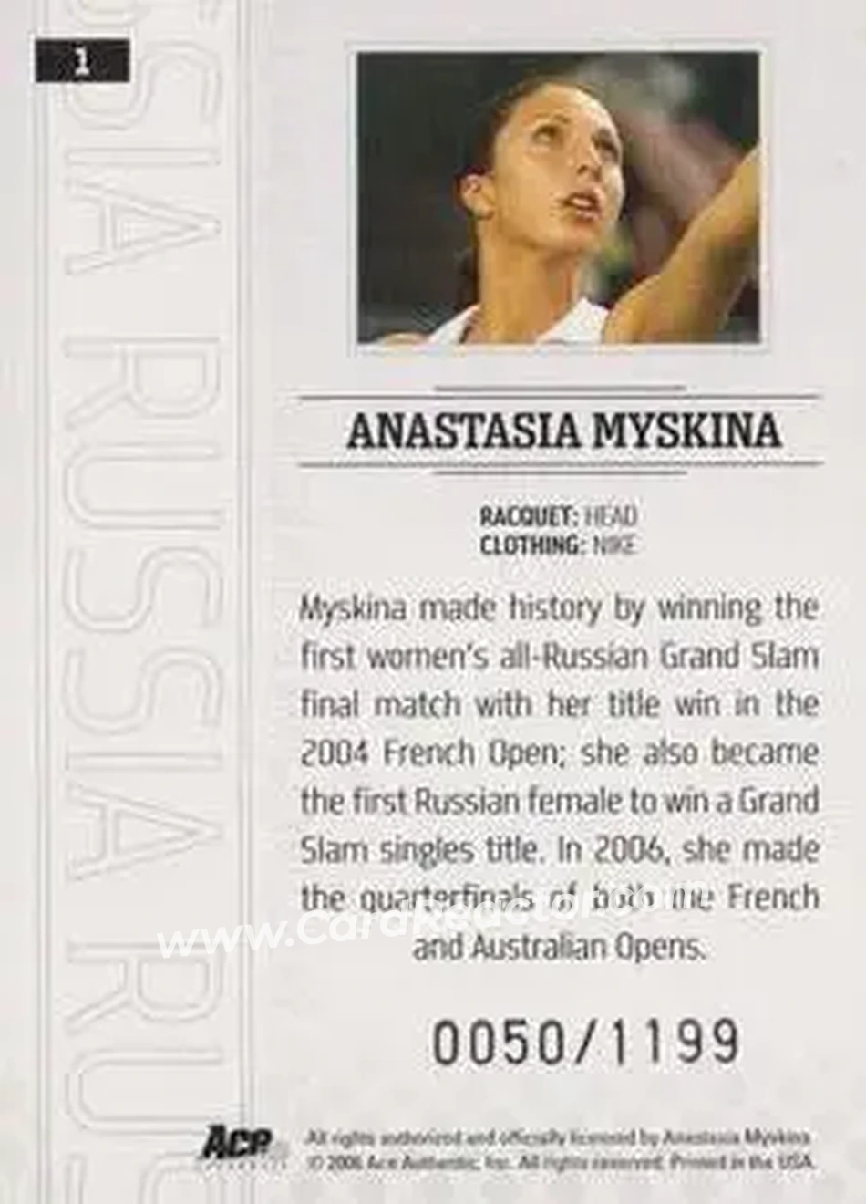 2006 Ace Authentic Grand Slam #1 - Anastasia Myskina - Back
