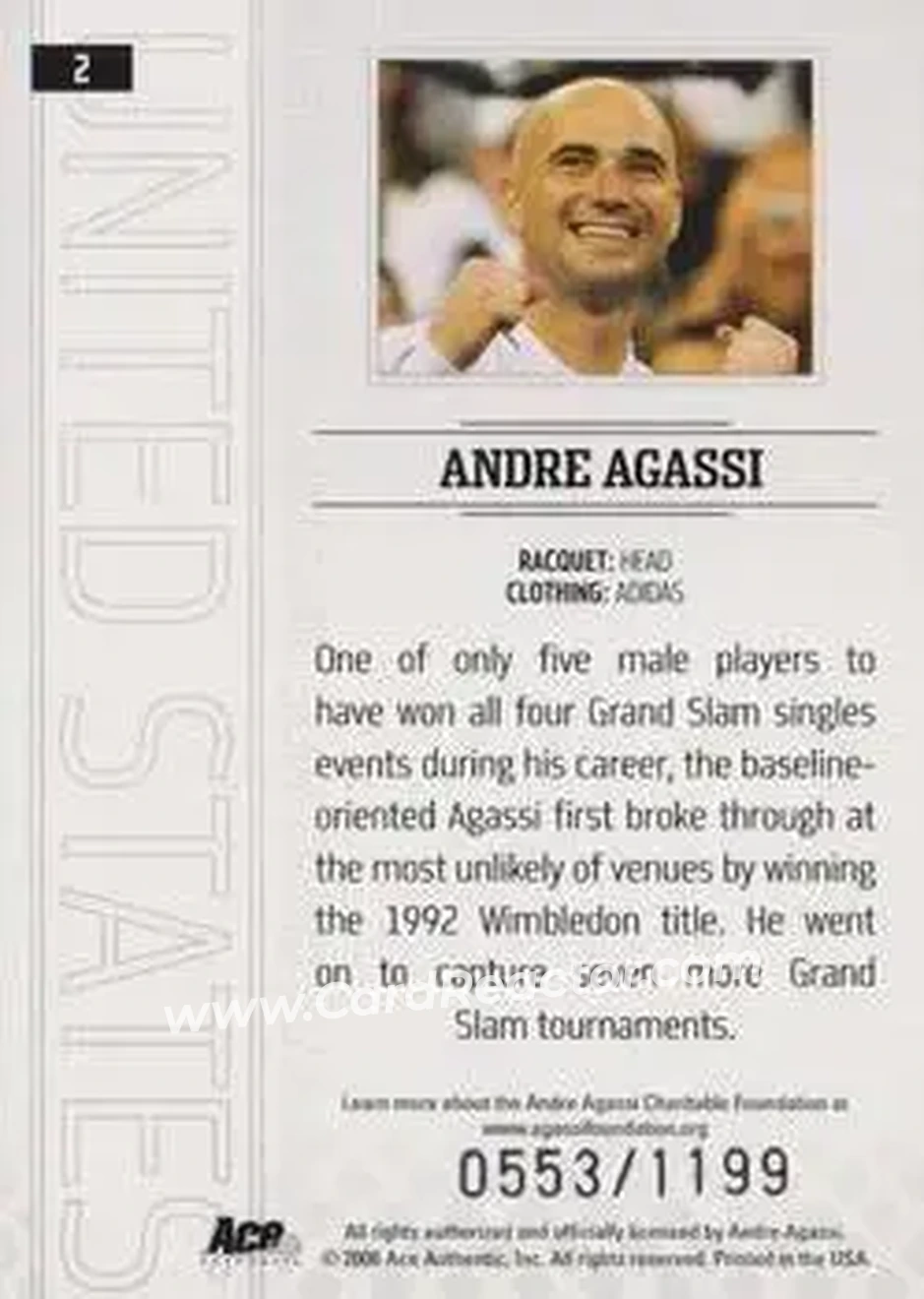 2006 Ace Authentic Grand Slam #2 - Andre Agassi - Back