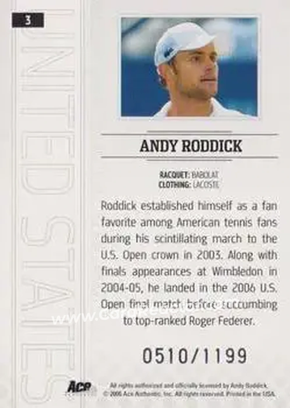 2006 Ace Authentic Grand Slam #3 - Andy Roddick - Back