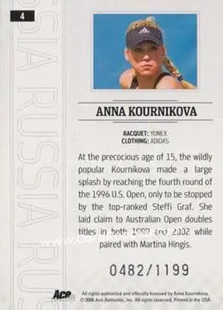 2006 Ace Authentic Grand Slam #4 - Anna Kournikova - Back