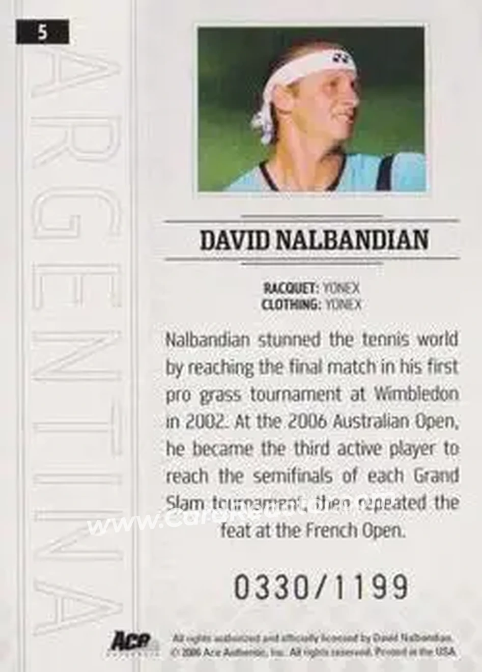 2006 Ace Authentic Grand Slam #5 - David Nalbandian - Back