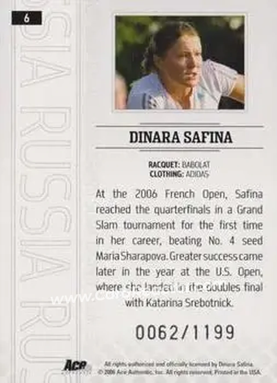 2006 Ace Authentic Grand Slam #6 - Dinara Safina - Back