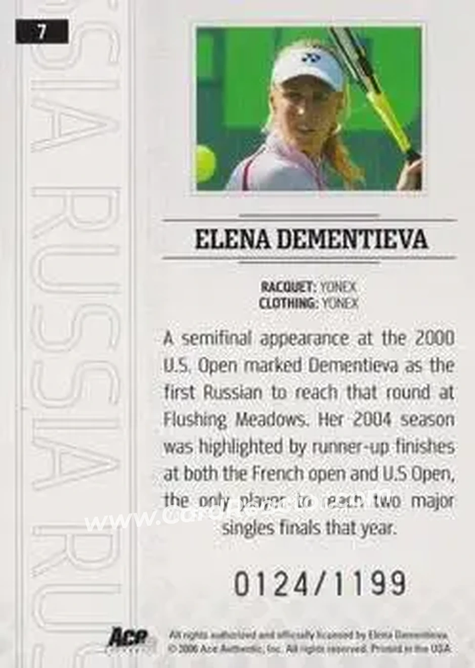 2006 Ace Authentic Grand Slam #7 - Elena Dementieva - Back