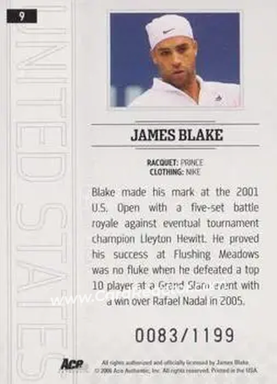 2006 Ace Authentic Grand Slam #9 - James Blake - Back