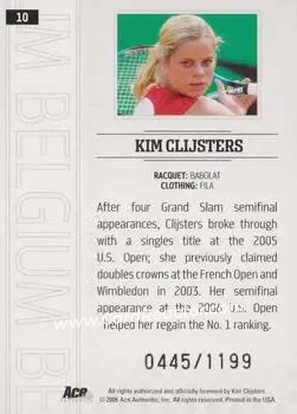 2006 Ace Authentic Grand Slam #10 - Kim Clijsters - Back
