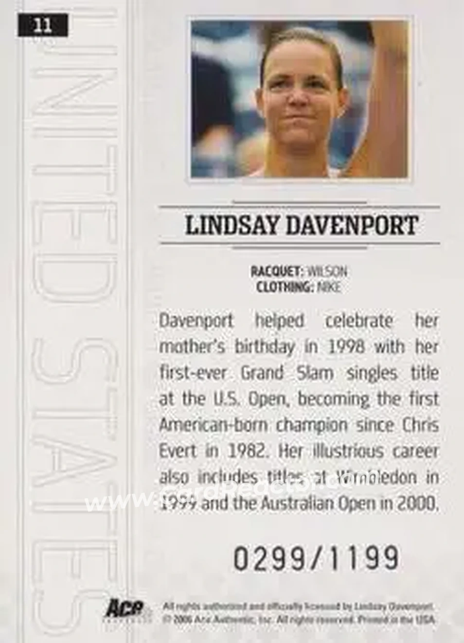 2006 Ace Authentic Grand Slam #11 - Lindsay Davenport - Back