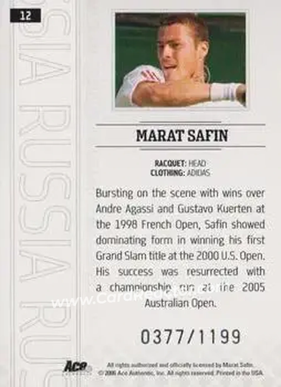 2006 Ace Authentic Grand Slam #12 - Marat Safin - Back