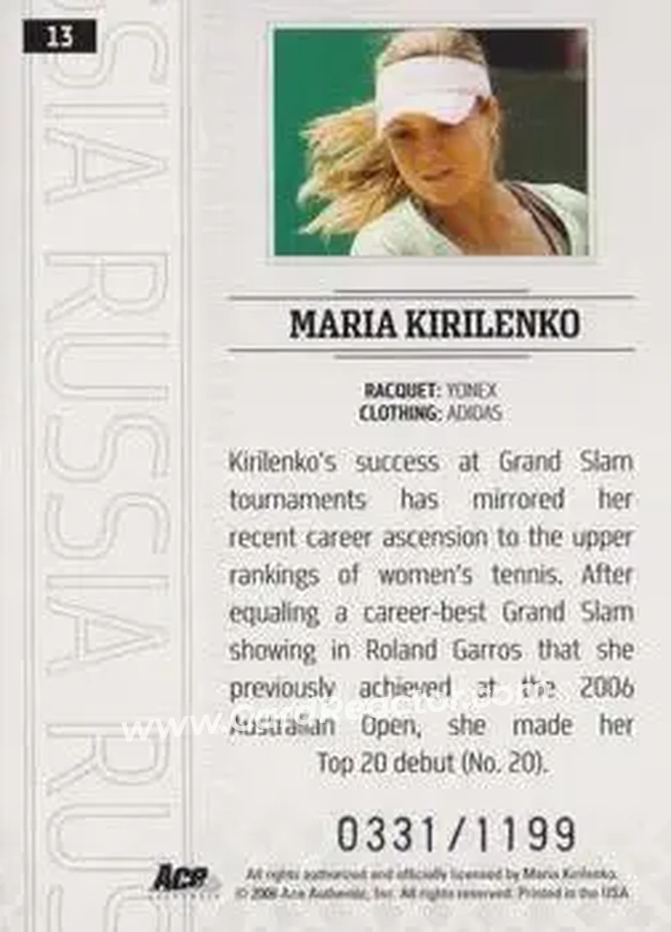 2006 Ace Authentic Grand Slam #13 - Maria Kirilenko - Back