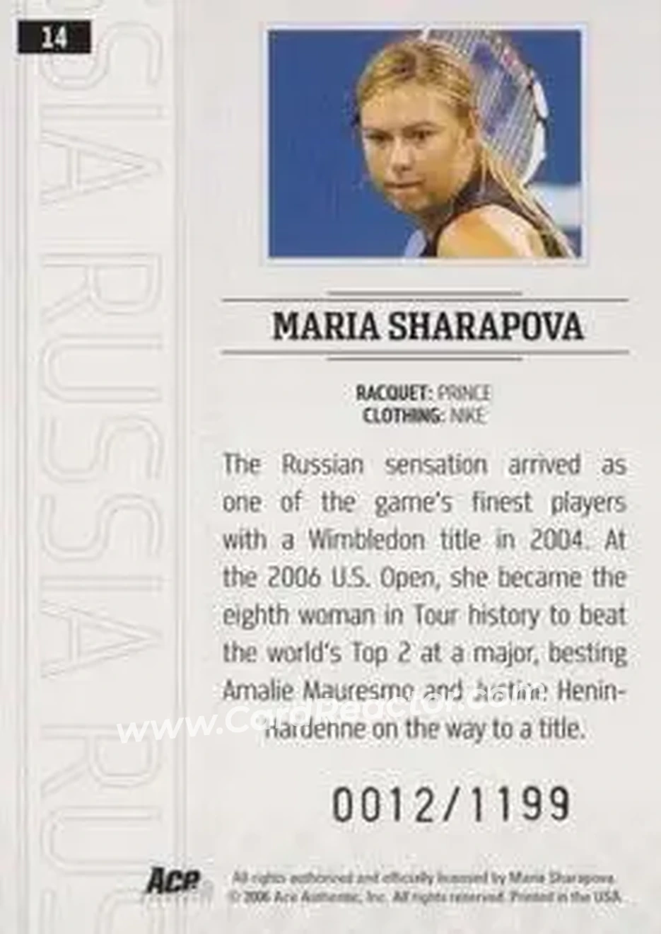 2006 Ace Authentic Grand Slam #14 - Maria Sharapova - Back