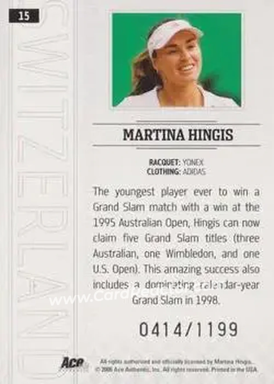 2006 Ace Authentic Grand Slam #15 - Martina Hingis - Back