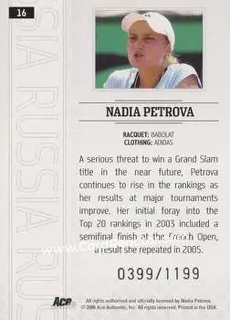 2006 Ace Authentic Grand Slam #16 - Nadia Petrova - Back