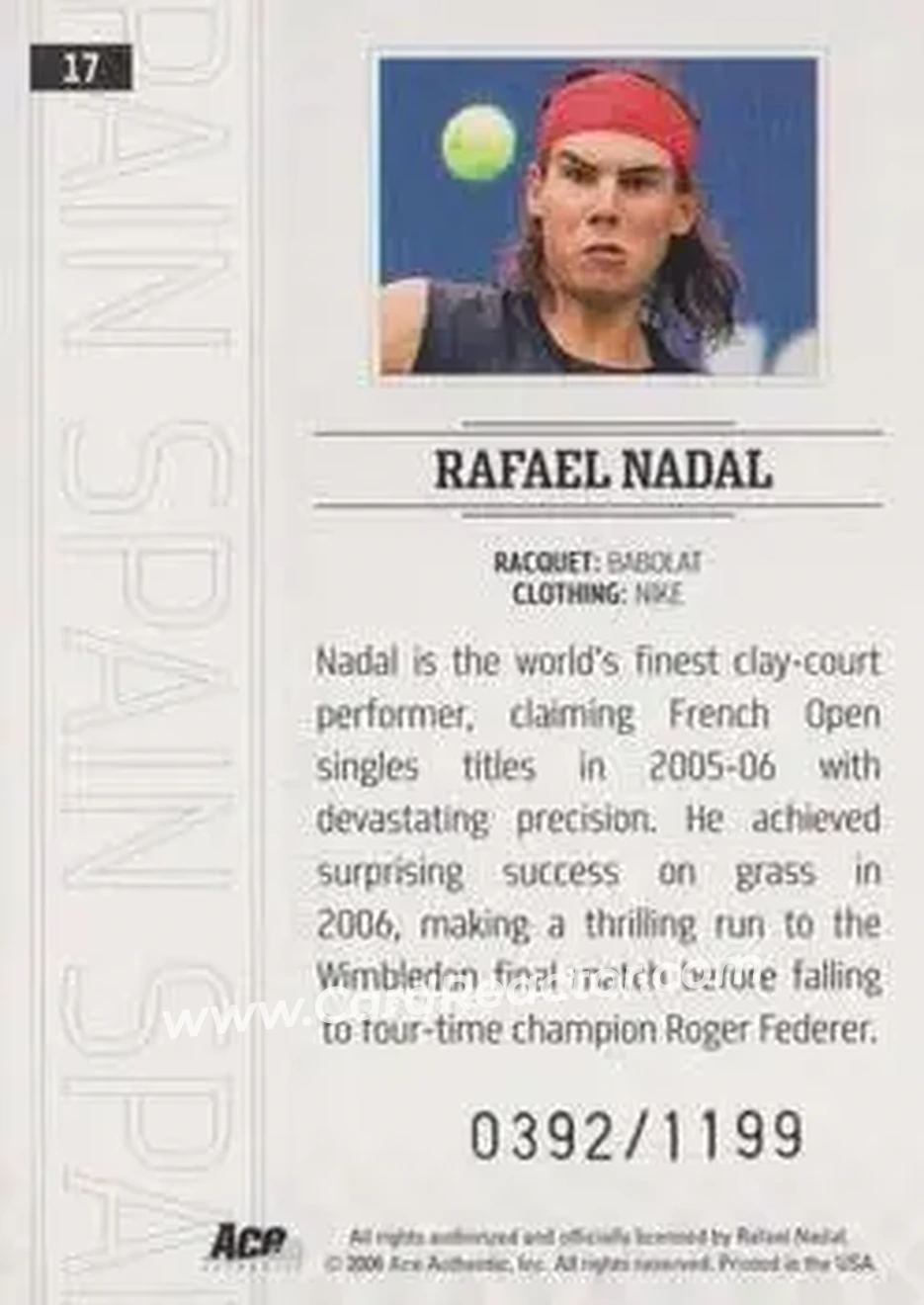2006 Ace Authentic Grand Slam #17 - Rafael Nadal - Back