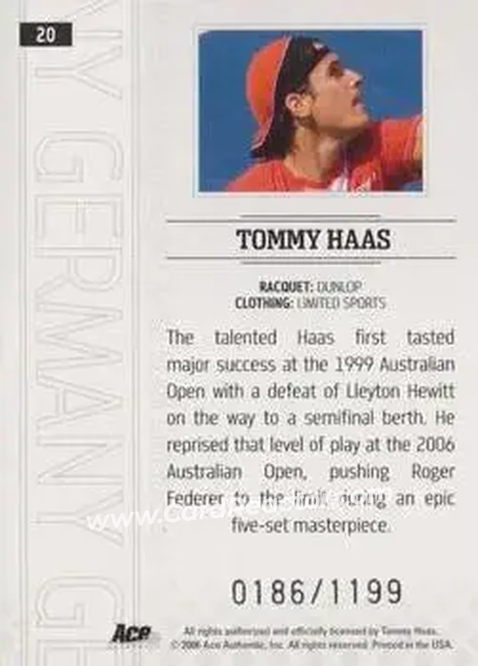 2006 Ace Authentic Grand Slam #20 - Tommy Haas - Back