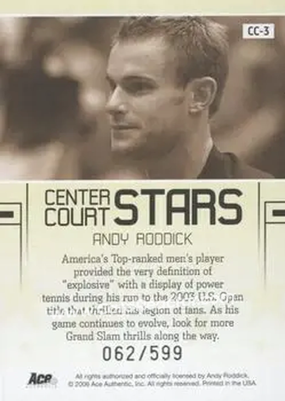 2006 Ace Authentic Grand Slam - Center Court Stars #CC-3 - Andy Roddick - Back 2006 Ace Authentic Grand Slam - Center Court Stars #CC-3 - Andy Roddick - Back
