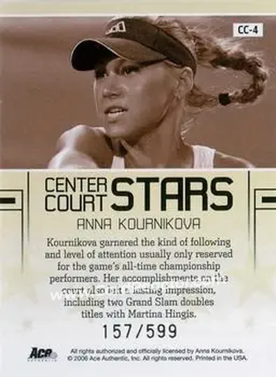 2006 Ace Authentic Grand Slam - Center Court Stars #CC-4 - Anna Kournikova - Back 2006 Ace Authentic Grand Slam - Center Court Stars #CC-4 - Anna Kournikova - Back