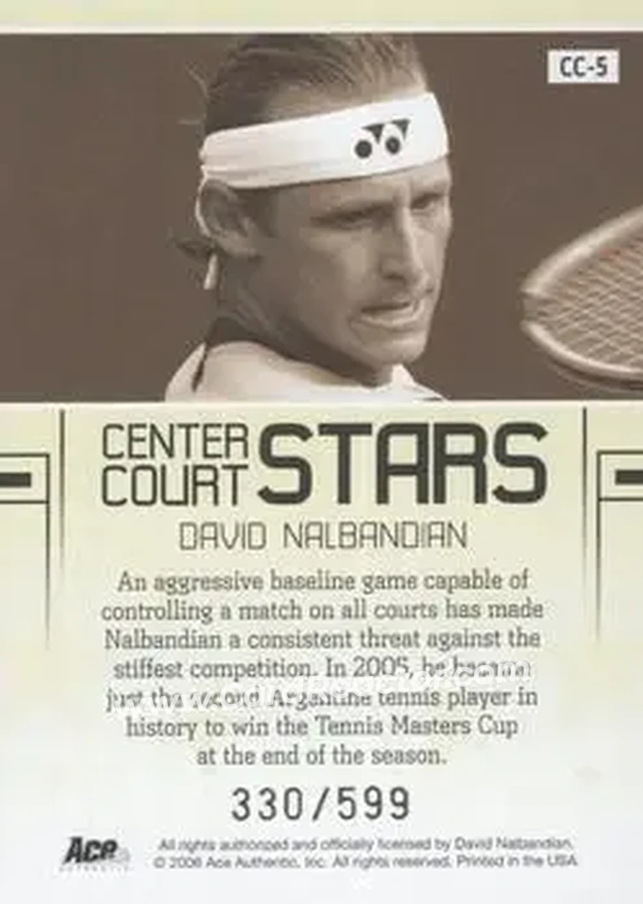2006 Ace Authentic Grand Slam - Center Court Stars #CC-5 - David Nalbandian - Back 2006 Ace Authentic Grand Slam - Center Court Stars #CC-5 - David Nalbandian - Back