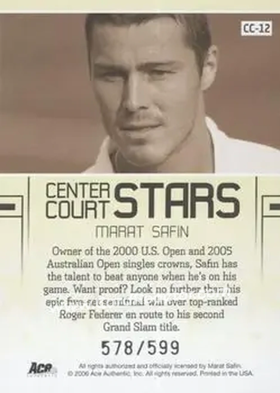 2006 Ace Authentic Grand Slam - Center Court Stars #CC-12 - Marat Safin - Back 2006 Ace Authentic Grand Slam - Center Court Stars #CC-12 - Marat Safin - Back