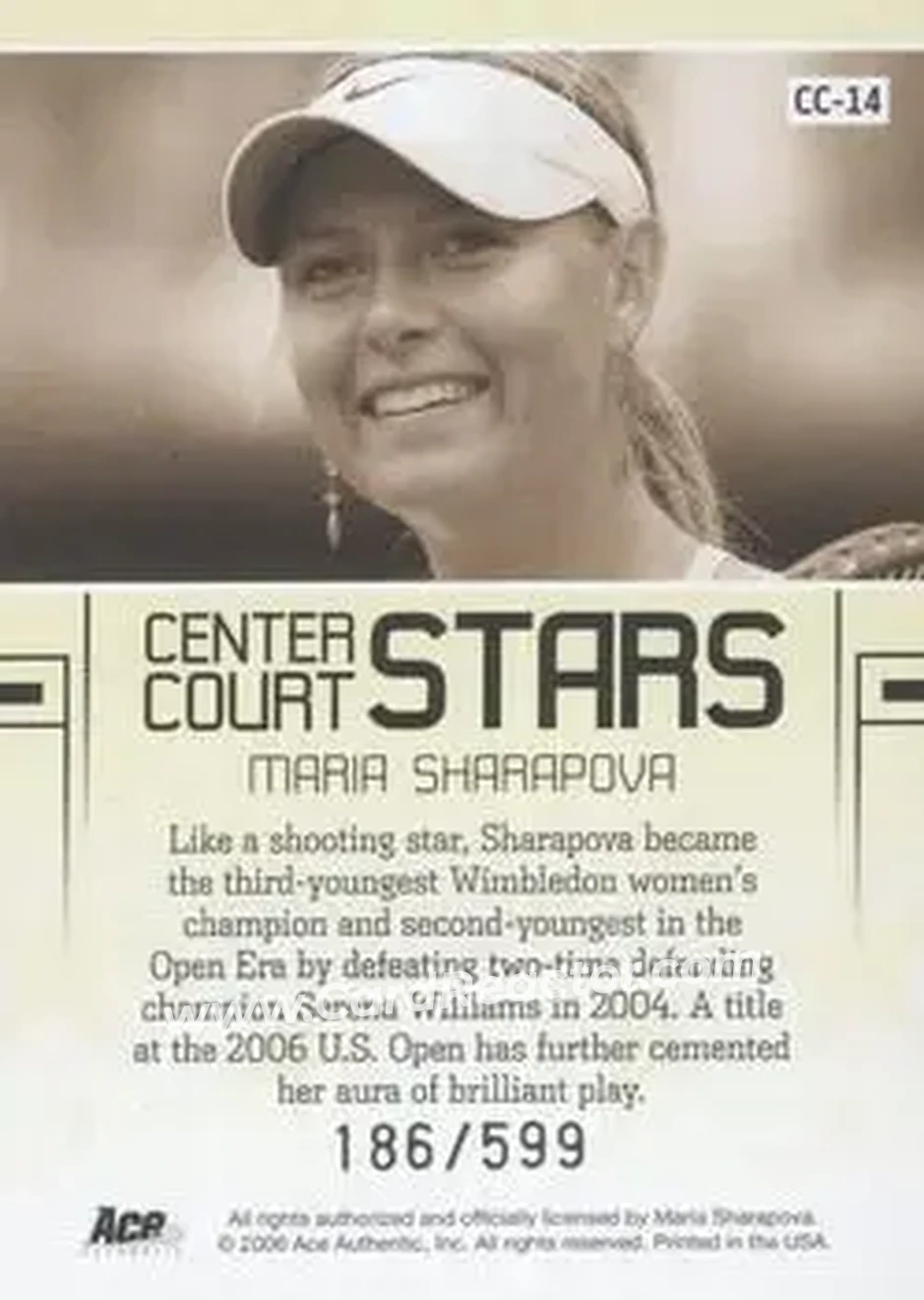 2006 Ace Authentic Grand Slam - Center Court Stars #CC-14 - Maria Sharapova - Back 2006 Ace Authentic Grand Slam - Center Court Stars #CC-14 - Maria Sharapova - Back