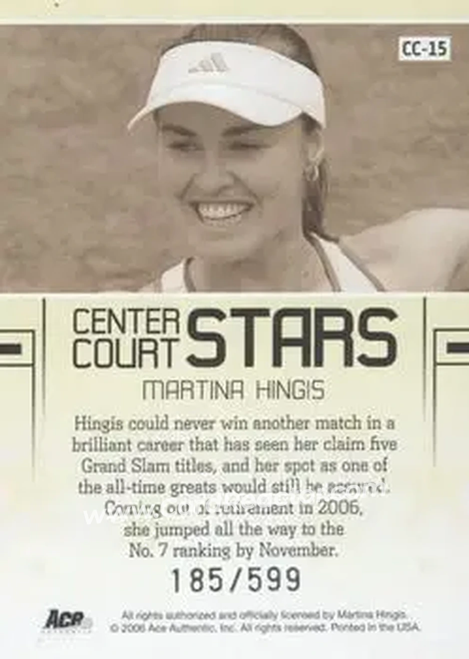 2006 Ace Authentic Grand Slam - Center Court Stars #CC-15 - Martina Hingis - Back 2006 Ace Authentic Grand Slam - Center Court Stars #CC-15 - Martina Hingis - Back