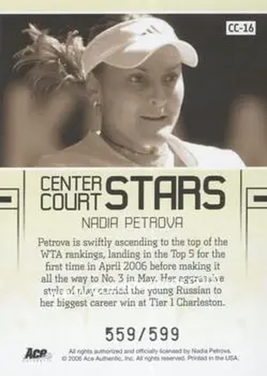 2006 Ace Authentic Grand Slam - Center Court Stars #CC-16 - Nadia Petrova - Back 2006 Ace Authentic Grand Slam - Center Court Stars #CC-16 - Nadia Petrova - Back