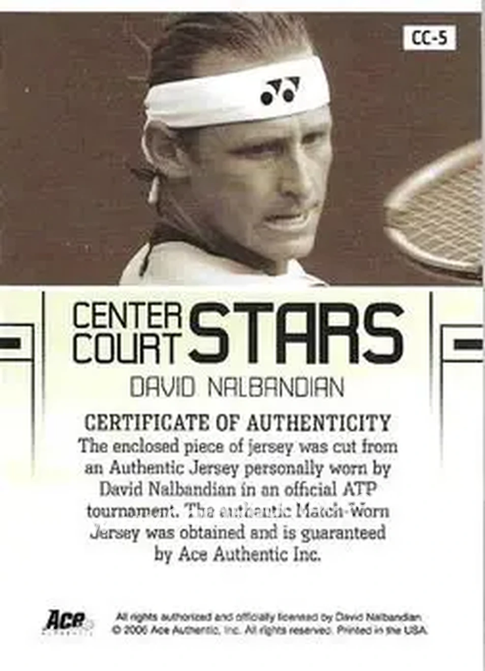 2006 Ace Authentic Grand Slam - Center Court Stars Swatches #CC-5 - David Nalbandian - Back 2006 Ace Authentic Grand Slam - Center Court Stars Swatches #CC-5 - David Nalbandian - Back