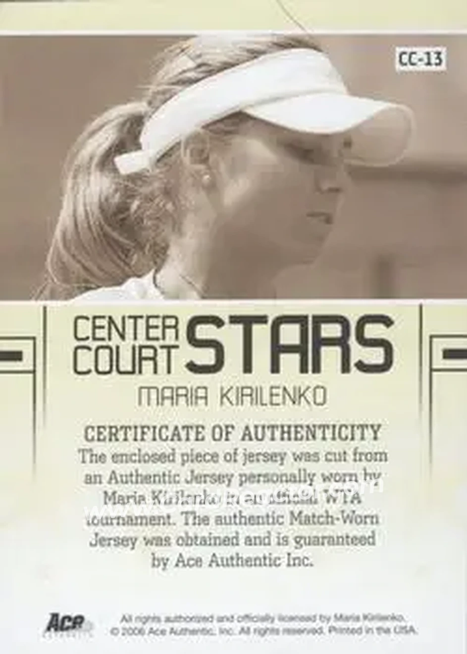 2006 Ace Authentic Grand Slam - Center Court Stars Swatches #CC-13 - Maria Kirilenko - Back 2006 Ace Authentic Grand Slam - Center Court Stars Swatches #CC-13 - Maria Kirilenko - Back