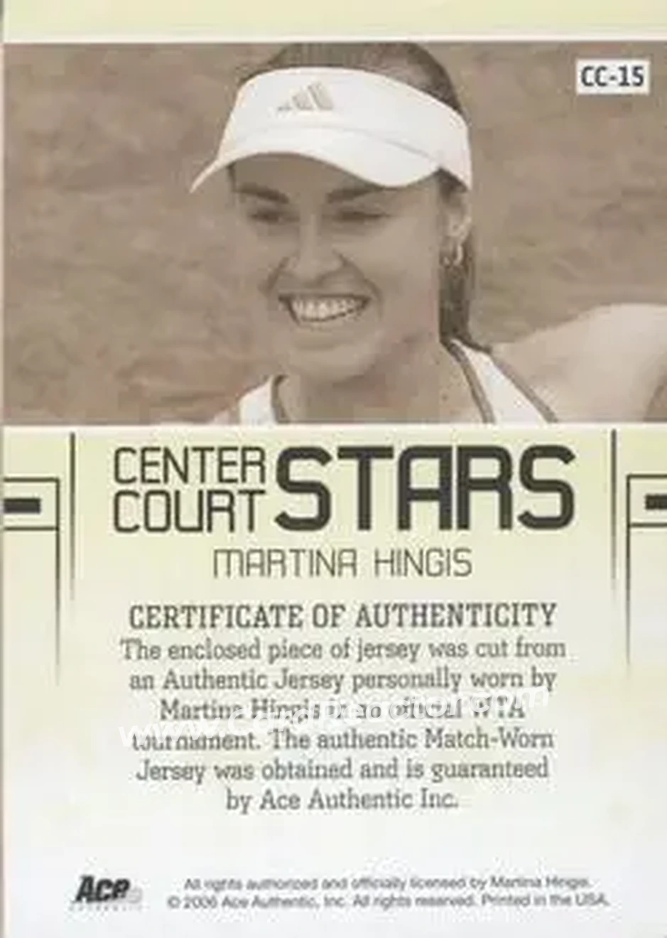 2006 Ace Authentic Grand Slam - Center Court Stars Swatches #CC-15 - Martina Hingis - Back 2006 Ace Authentic Grand Slam - Center Court Stars Swatches #CC-15 - Martina Hingis - Back