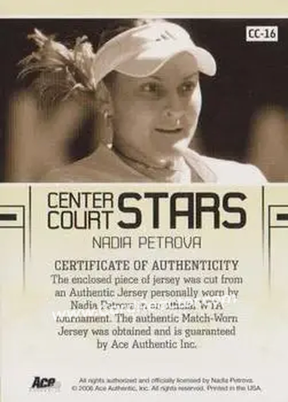 2006 Ace Authentic Grand Slam - Center Court Stars Swatches #CC-16 - Nadia Petrova - Back 2006 Ace Authentic Grand Slam - Center Court Stars Swatches #CC-16 - Nadia Petrova - Back