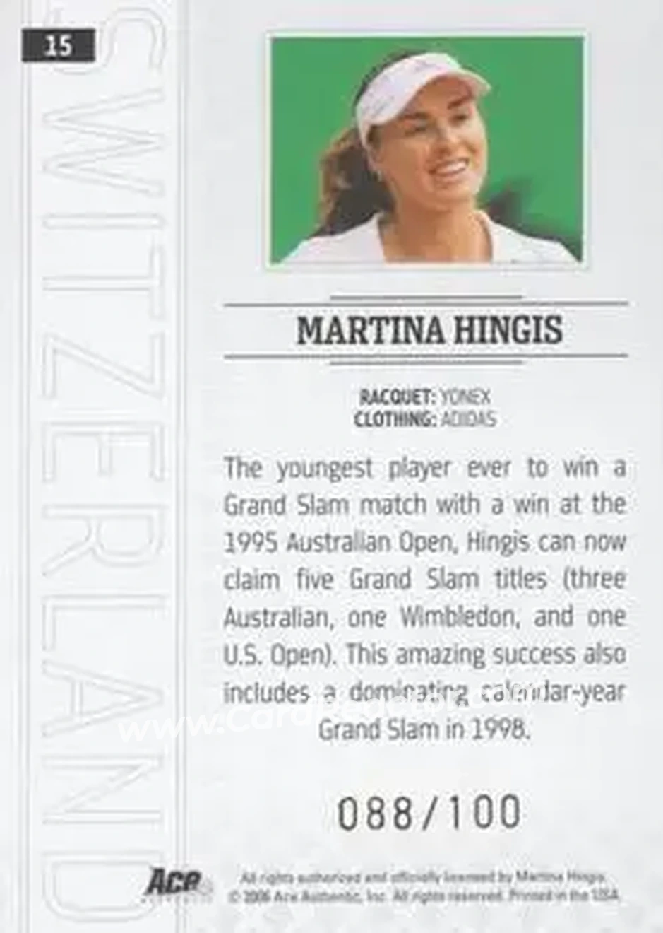 2006 Ace Authentic Grand Slam - Gold #15 - Martina Hingis - Back