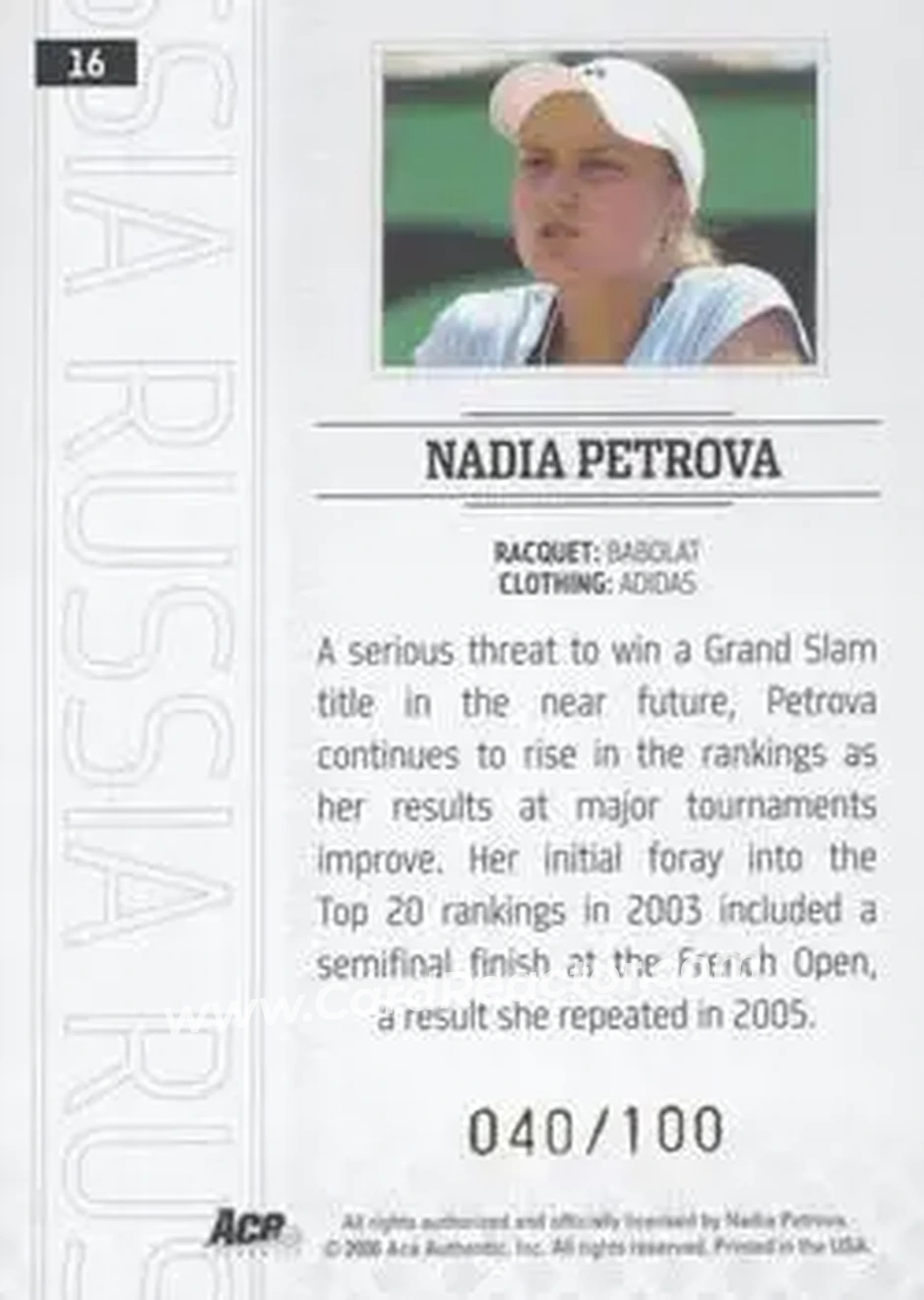 2006 Ace Authentic Grand Slam - Gold #16 - Nadia Petrova - Back