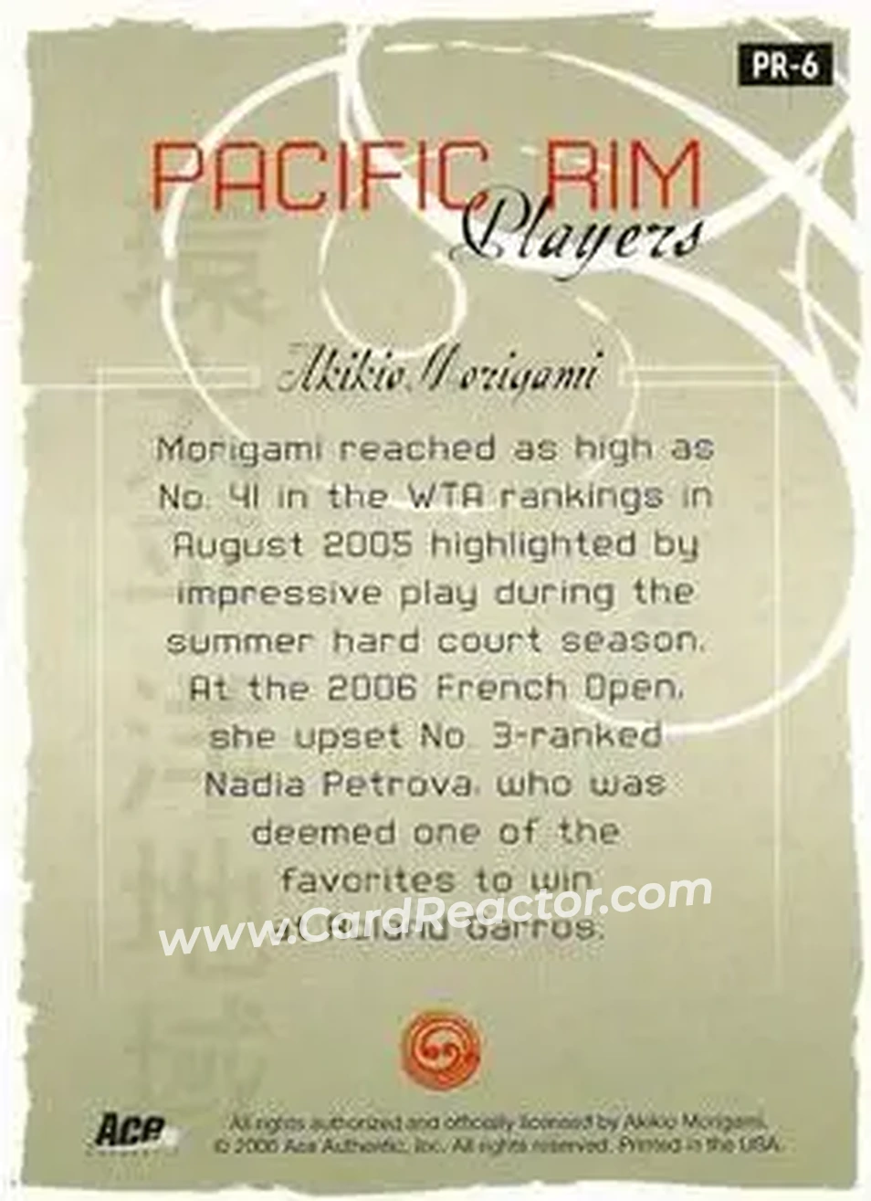 2006 Ace Authentic Grand Slam - Pacific Rim Players Autographs #PR-6 - Akiko Morigami - Back 2006 Ace Authentic Grand Slam - Pacific Rim Players Autographs #PR-6 - Akiko Morigami - Back