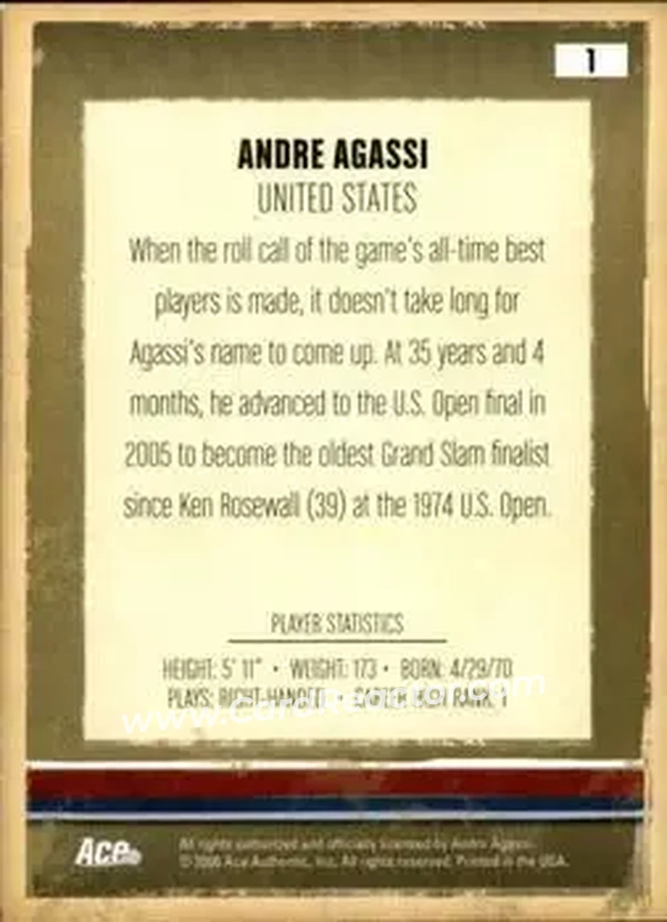 2006 Ace Authentic Heroes & Legends #1 - Andre Agassi - Back