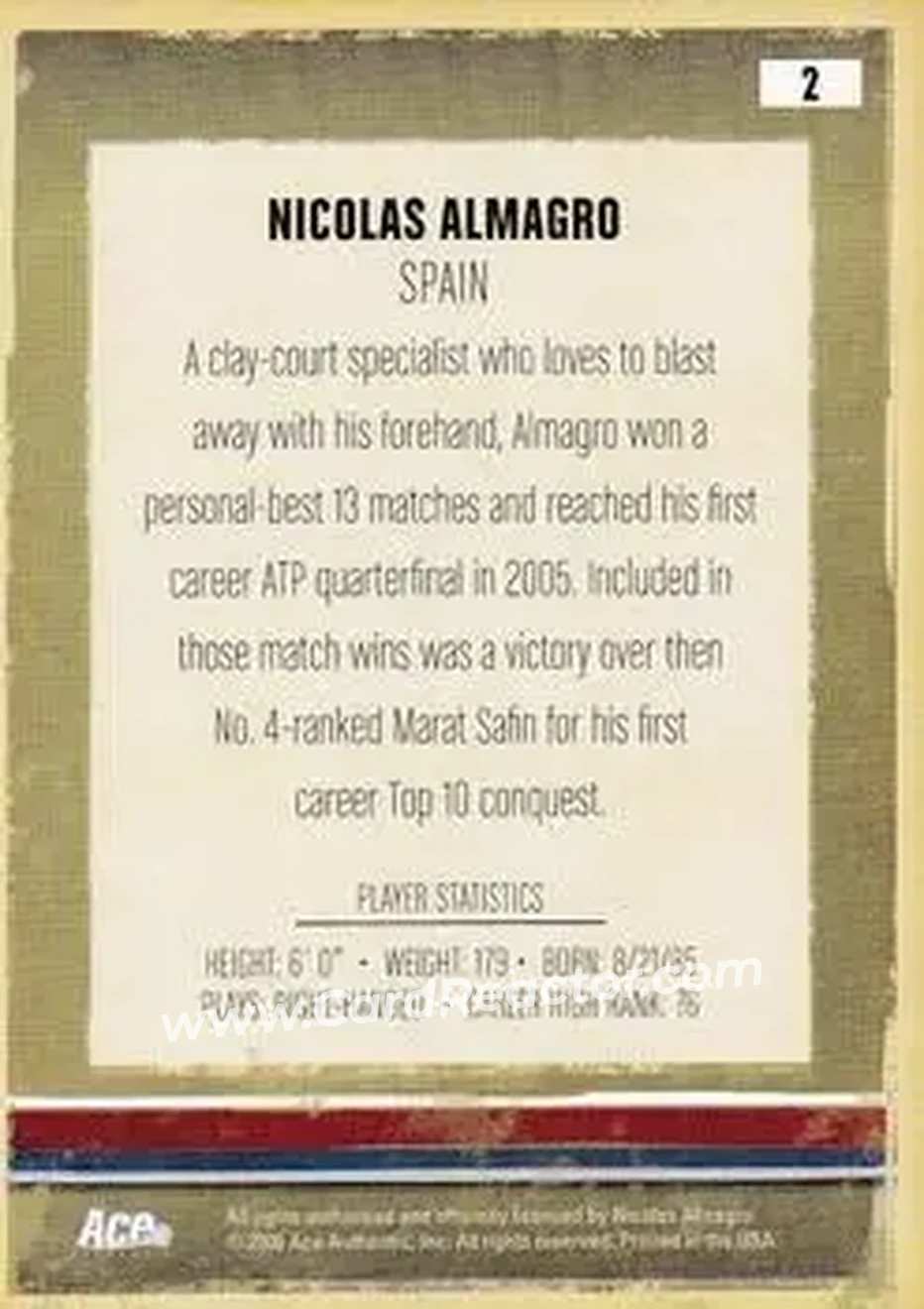 2006 Ace Authentic Heroes & Legends #2 - Nicolas Almagro - Back