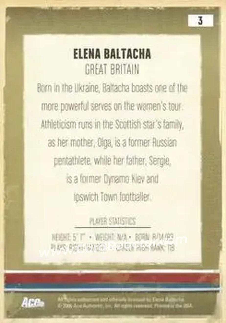 2006 Ace Authentic Heroes & Legends #3 - Elena Baltacha - Back