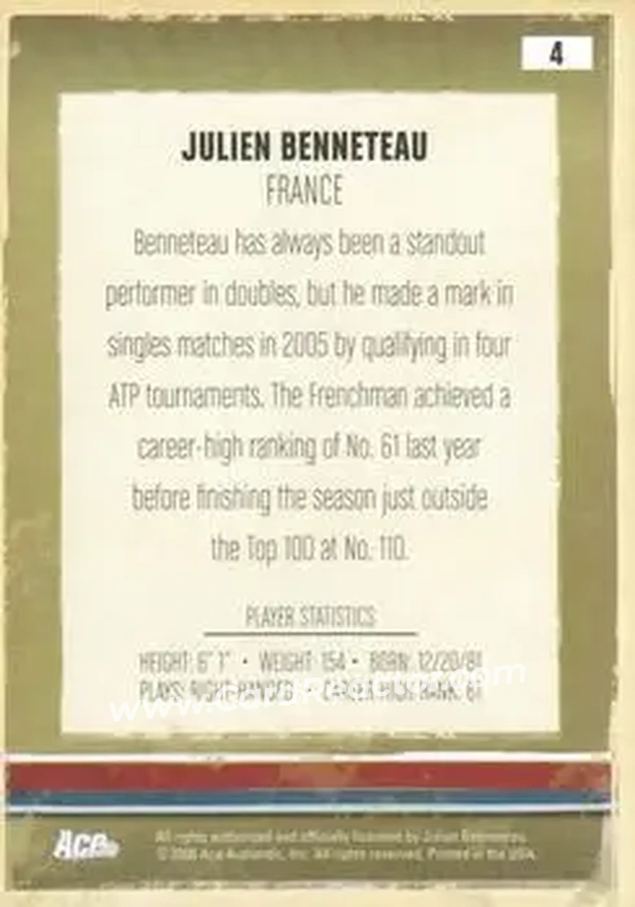 2006 Ace Authentic Heroes & Legends #4 - Julien Benneteau - Back