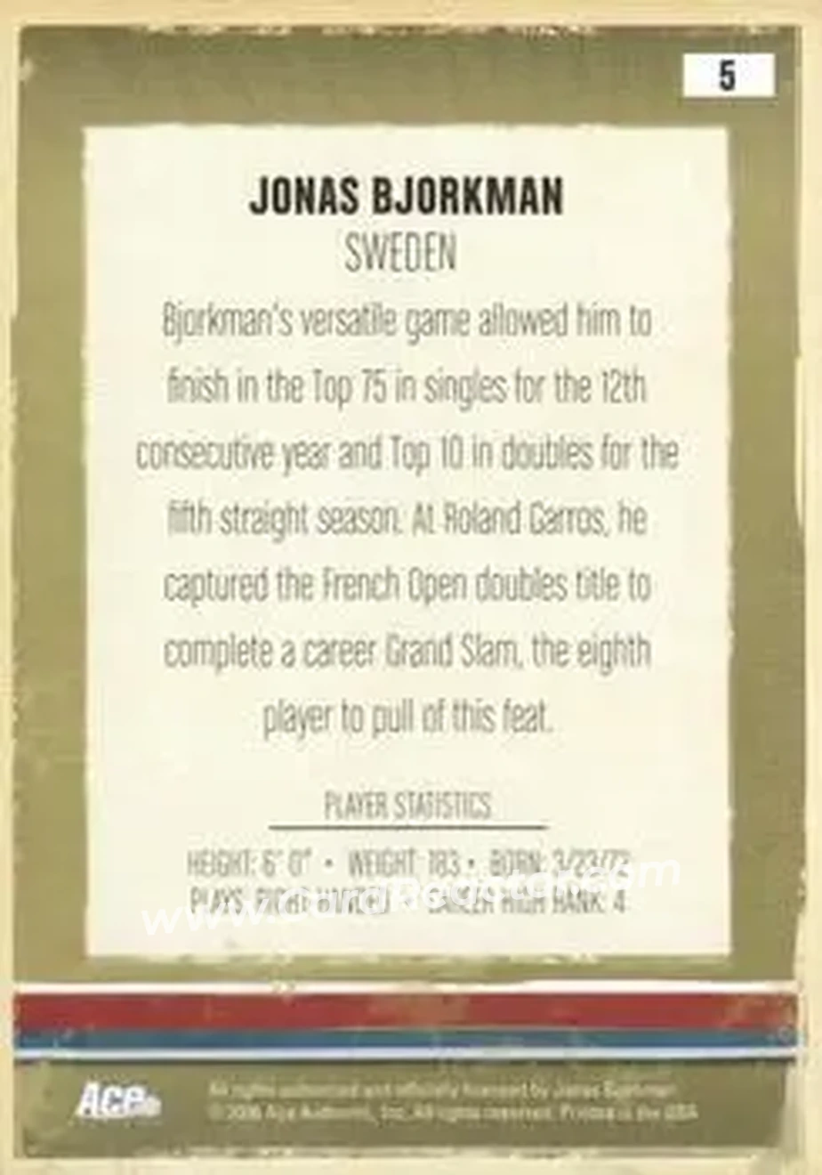 2006 Ace Authentic Heroes & Legends #5 - Jonas Bjorkman - Back