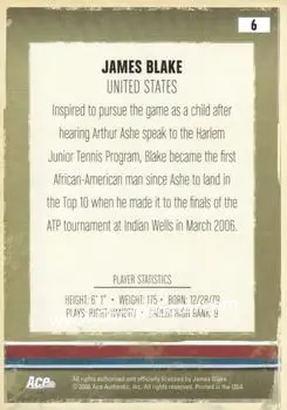 2006 Ace Authentic Heroes & Legends #6 - James Blake - Back