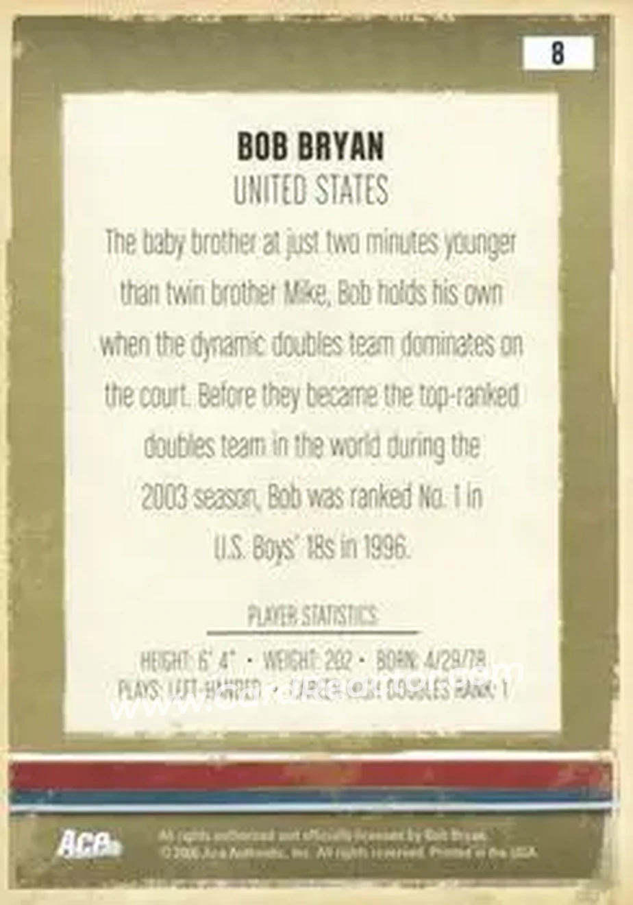 2006 Ace Authentic Heroes & Legends #8 - Bob Bryan - Back